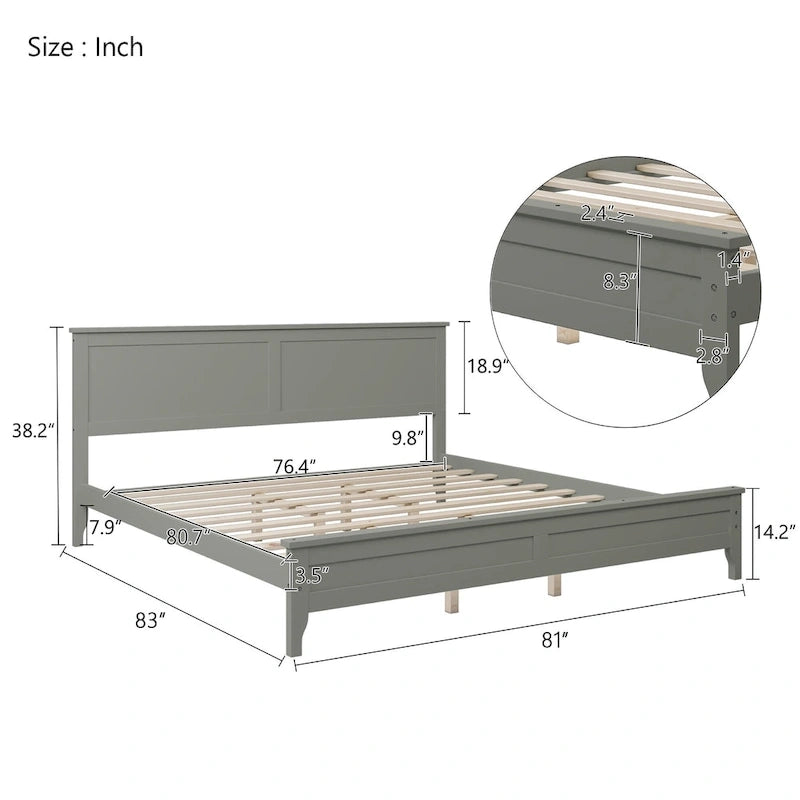 King Pine Platform Bed with Headboard & Slats