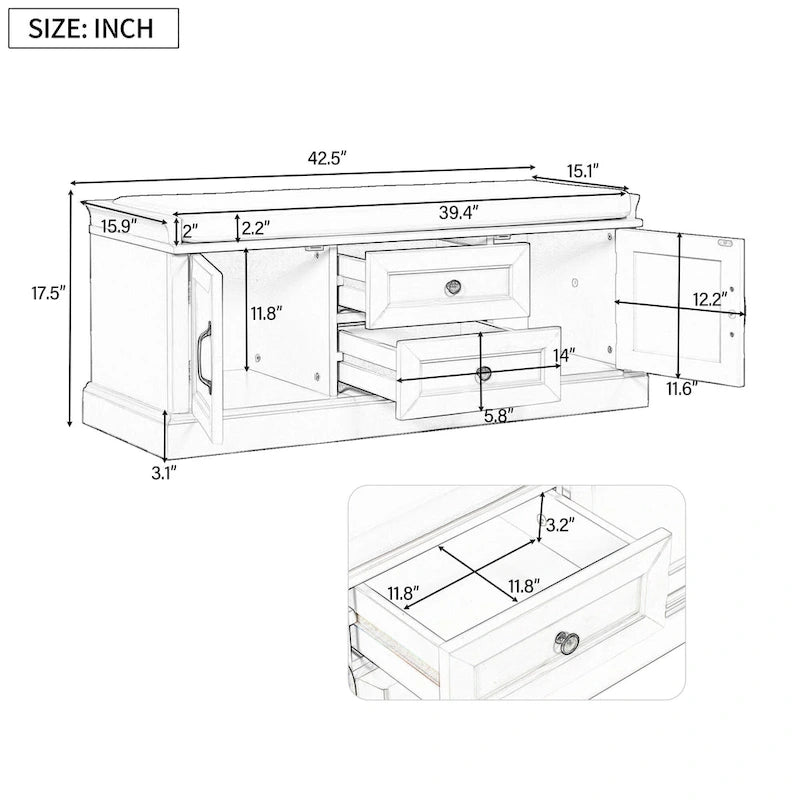 Storage Bench with Drawers and Cabinets