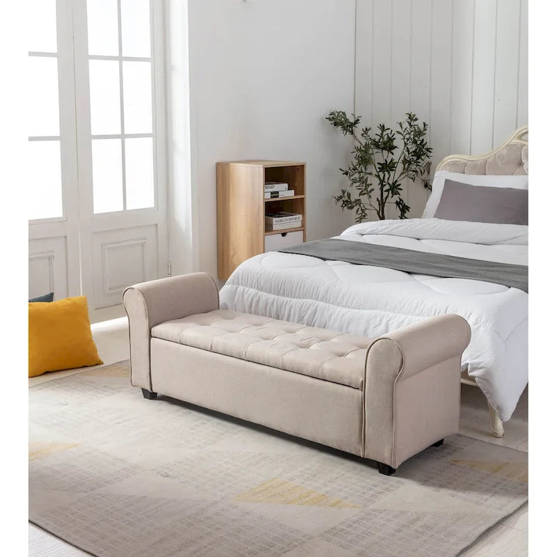 Storage Bench, Rolled Armrests, Fabric Upholstery