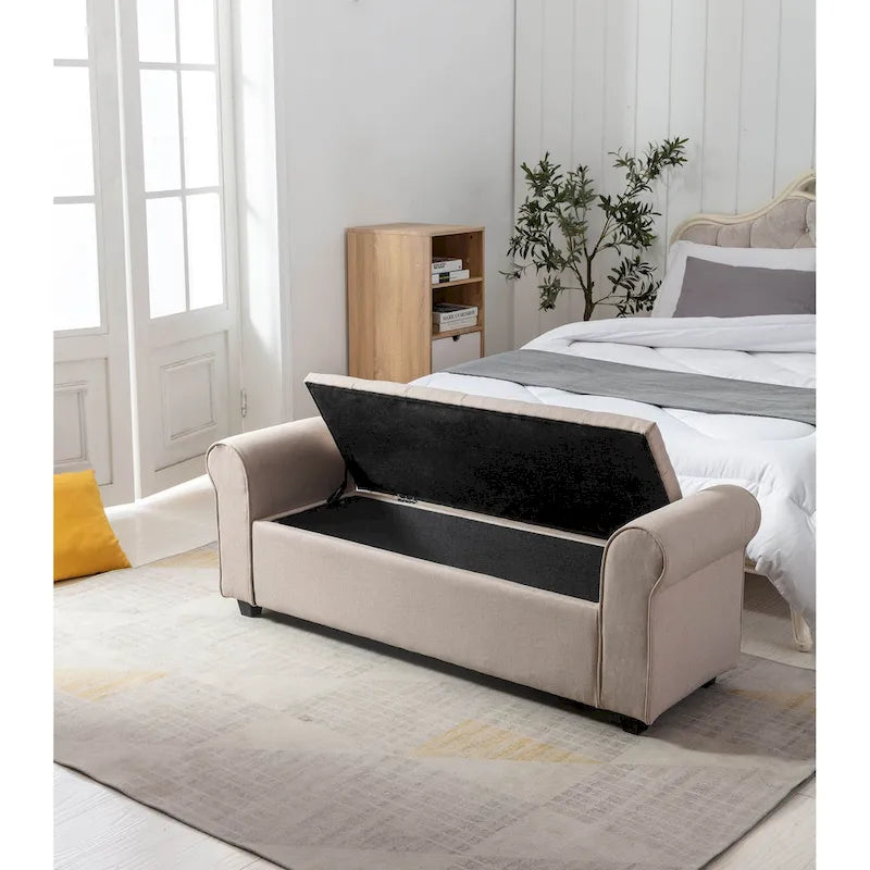 Storage Bench, Rolled Armrests, Fabric Upholstery