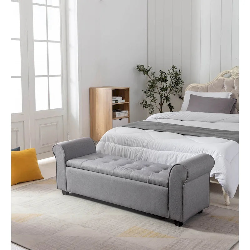 Storage Bench, Rolled Armrests, Fabric Upholstery