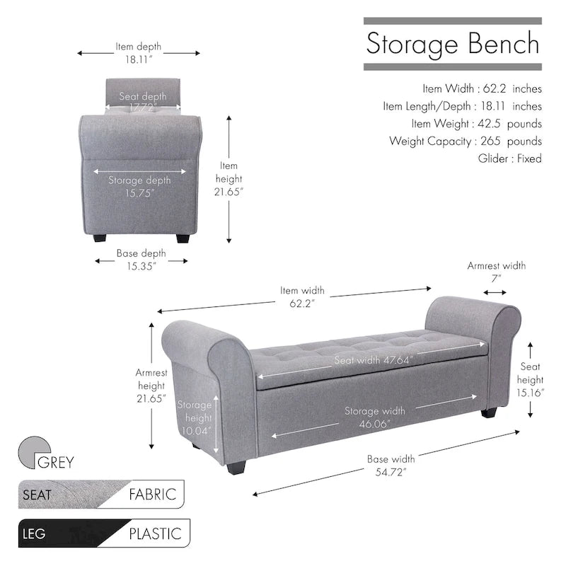 Storage Bench, Rolled Armrests, Fabric Upholstery