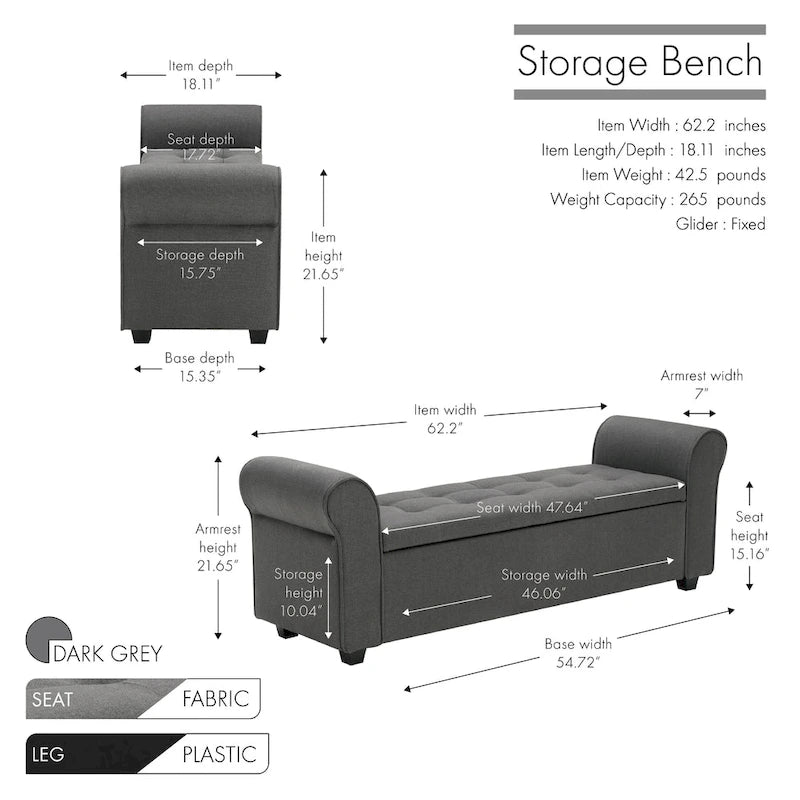 Storage Bench, Rolled Armrests, Fabric Upholstery