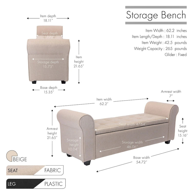Storage Bench, Rolled Armrests, Fabric Upholstery