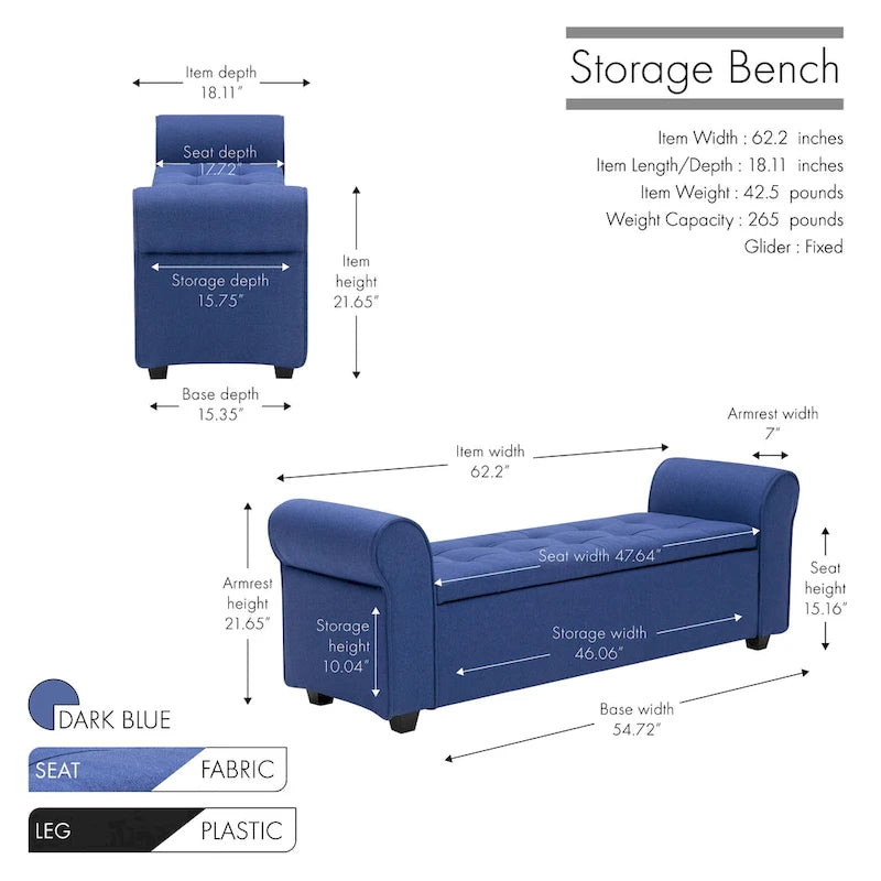 Storage Bench, Rolled Armrests, Fabric Upholstery
