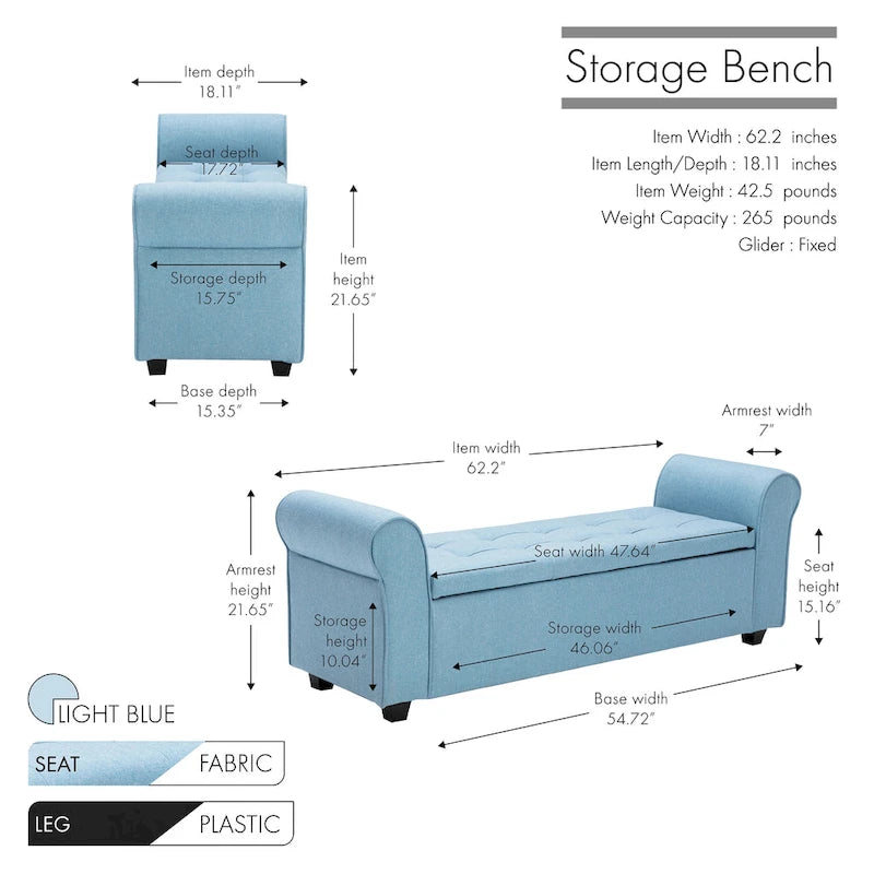 Storage Bench, Rolled Armrests, Fabric Upholstery