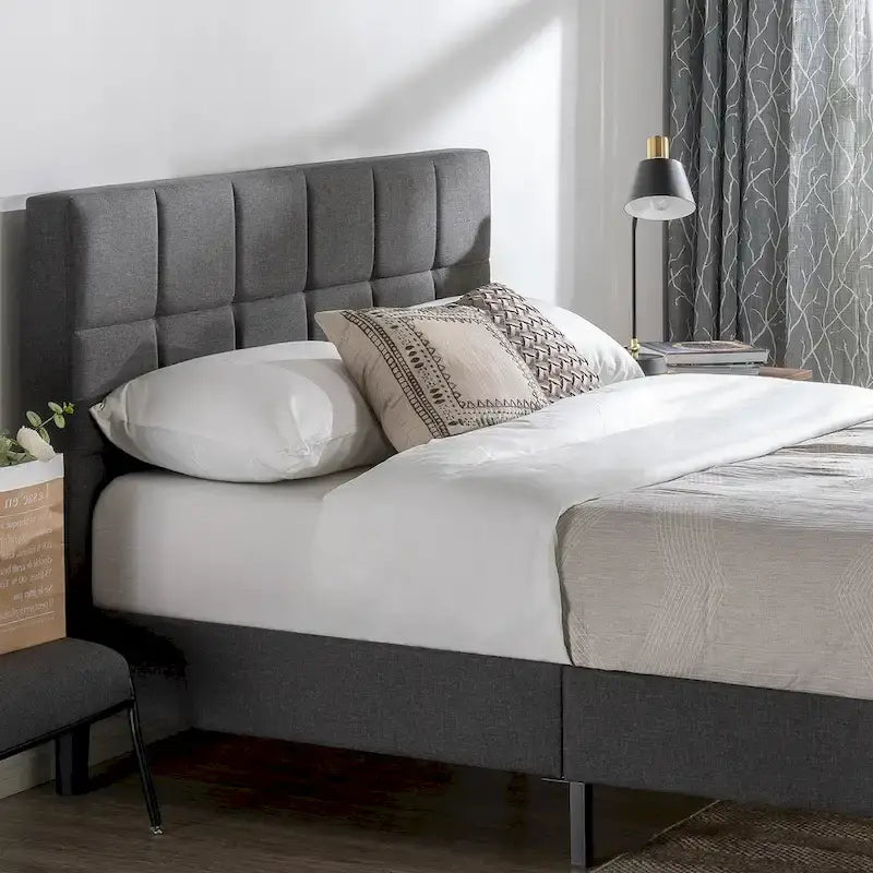 Grey Upholstered Square Stitched Platform Bed Frame