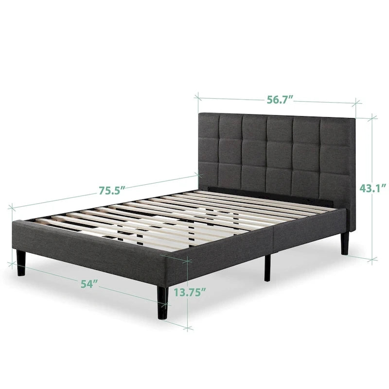 Grey Upholstered Square Stitched Platform Bed Frame