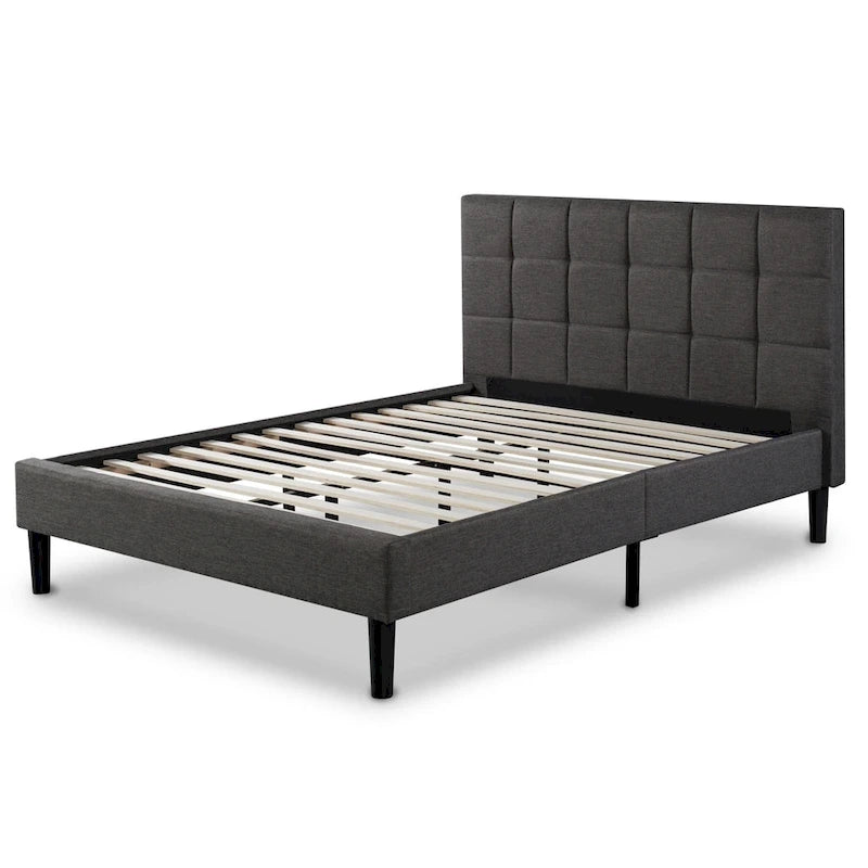 Grey Upholstered Square Stitched Platform Bed Frame