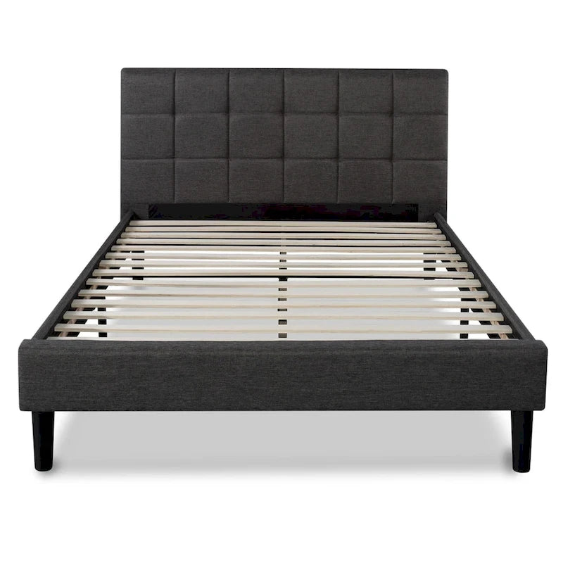 Grey Upholstered Square Stitched Platform Bed Frame