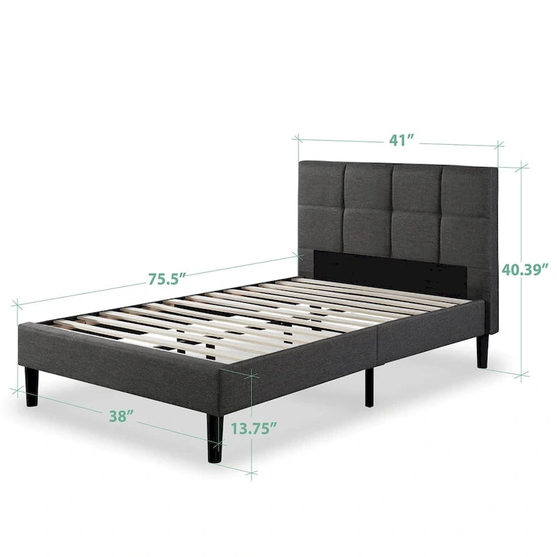 Grey Upholstered Square Stitched Platform Bed Frame