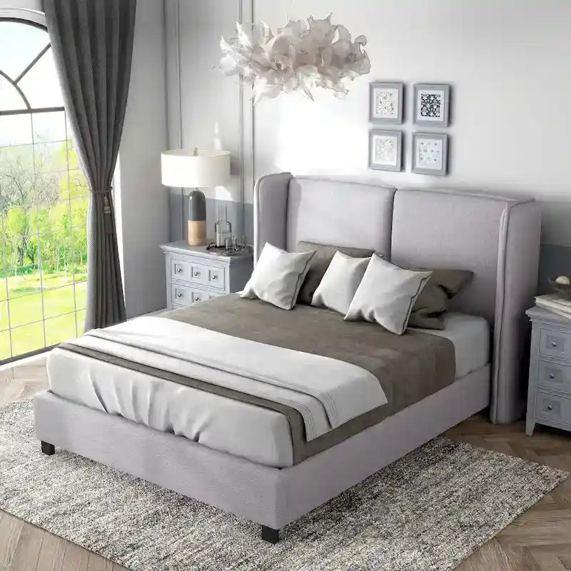 Modern Boucle Fabric Queen-size Platform Bed with Wingback Headboard