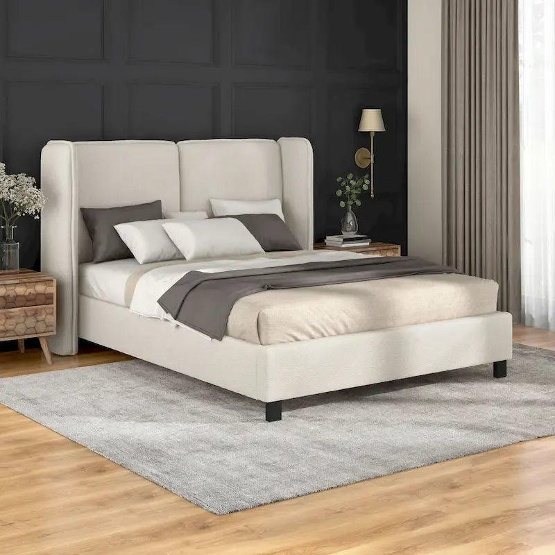 Modern Boucle Fabric Queen-size Platform Bed with Wingback Headboard