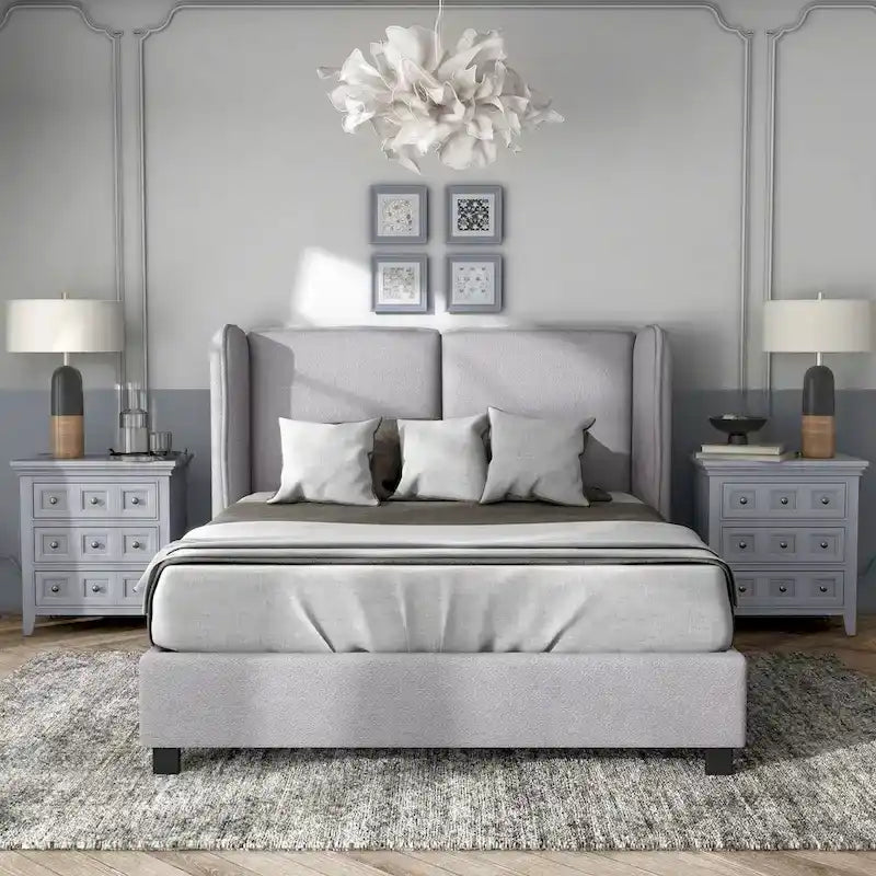 Modern Boucle Fabric Queen-size Platform Bed with Wingback Headboard