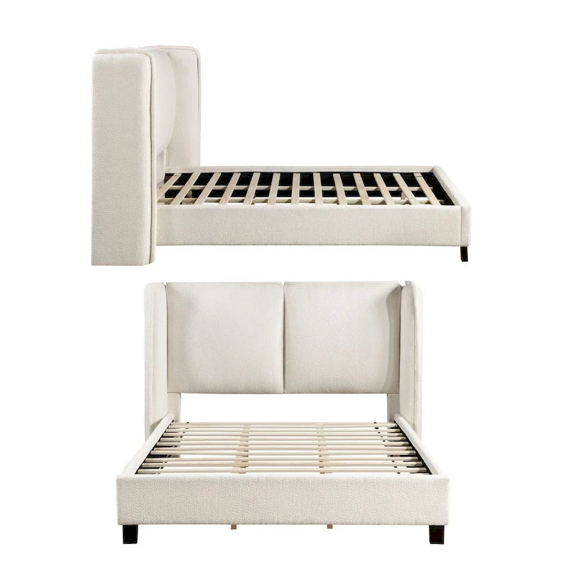 Modern Boucle Fabric Queen-size Platform Bed with Wingback Headboard