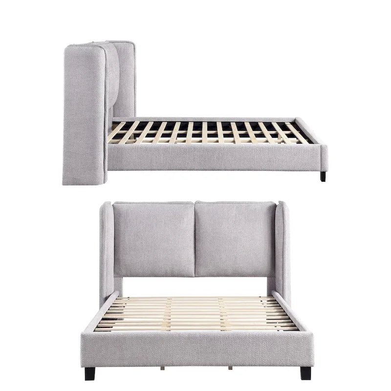 Modern Boucle Fabric Queen-size Platform Bed with Wingback Headboard