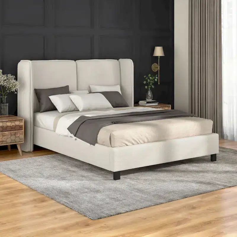Modern Boucle Fabric Queen-size Platform Bed with Wingback Headboard