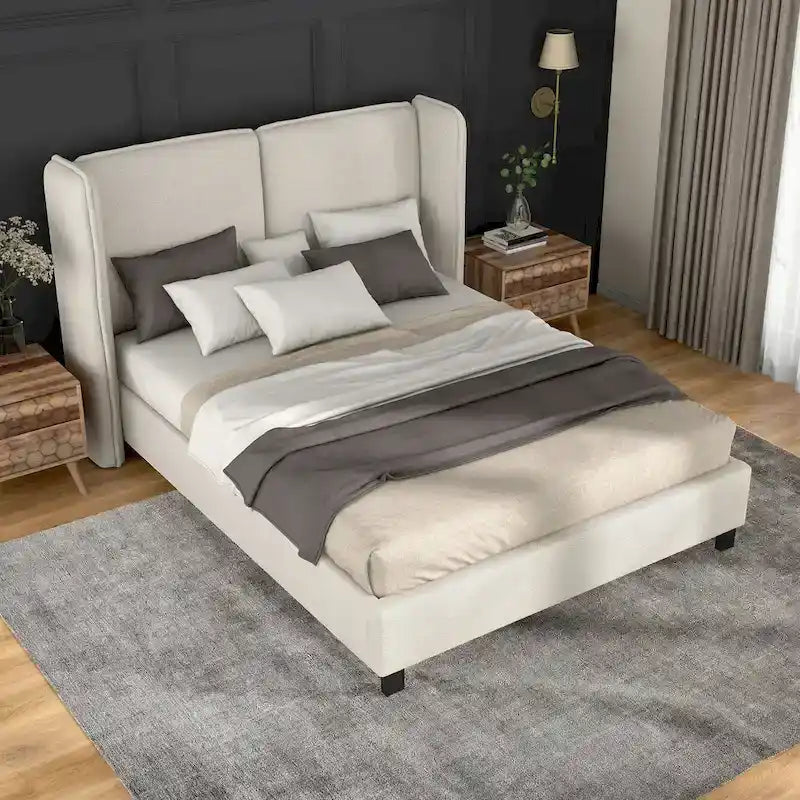 Modern Boucle Fabric Queen-size Platform Bed with Wingback Headboard