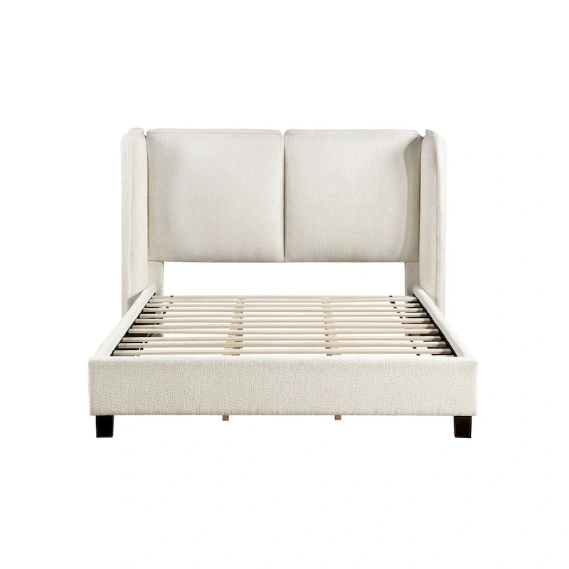 Modern Boucle Fabric Queen-size Platform Bed with Wingback Headboard