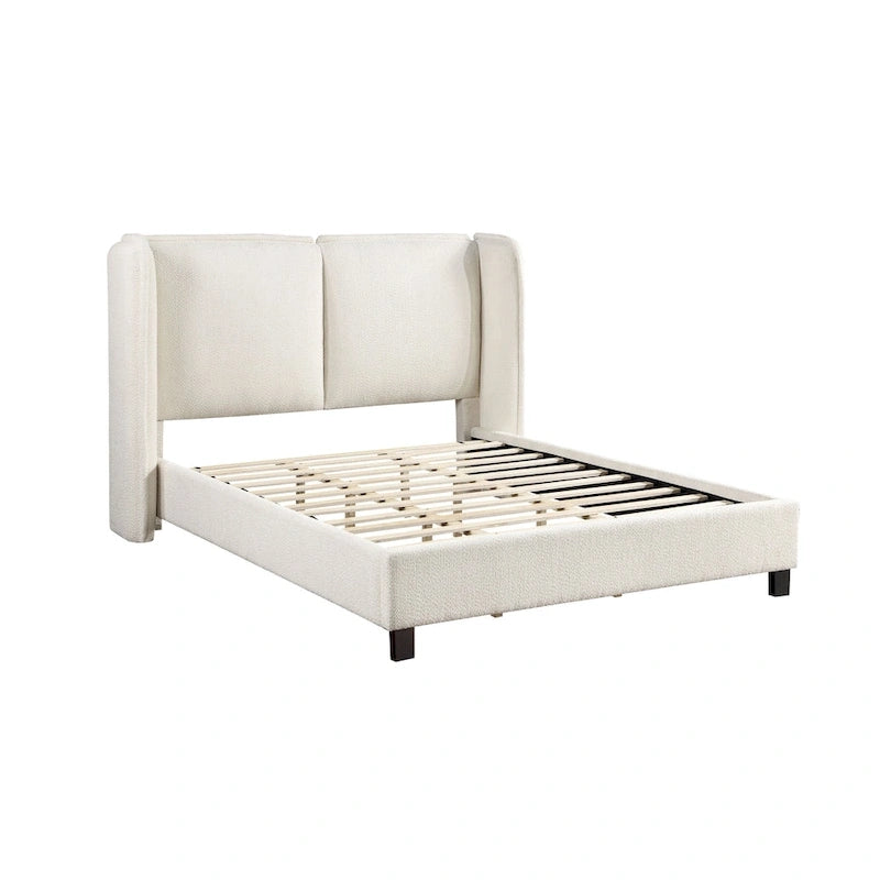 Modern Boucle Fabric Queen-size Platform Bed with Wingback Headboard