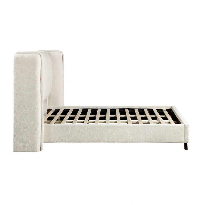 Modern Boucle Fabric Queen-size Platform Bed with Wingback Headboard