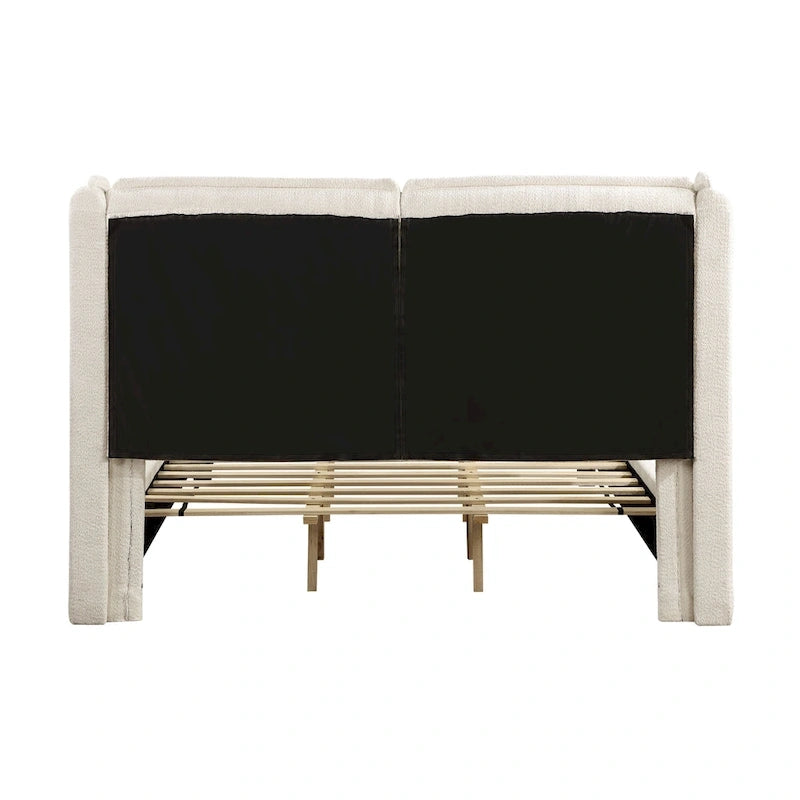 Modern Boucle Fabric Queen-size Platform Bed with Wingback Headboard