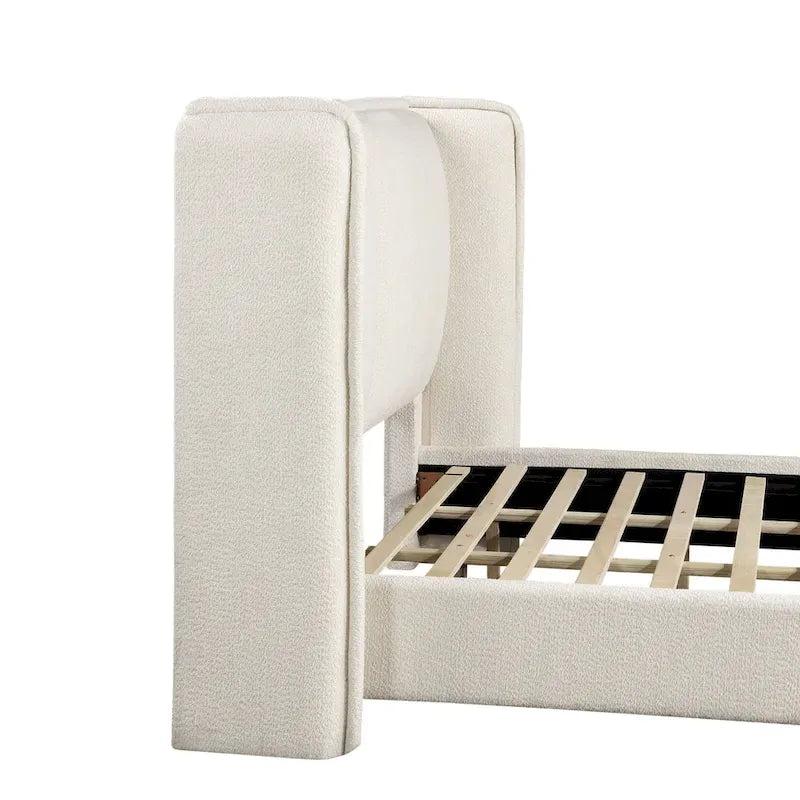 Modern Boucle Fabric Queen-size Platform Bed with Wingback Headboard