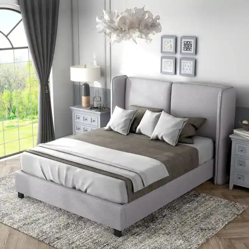 Modern Boucle Fabric Queen-size Platform Bed with Wingback Headboard