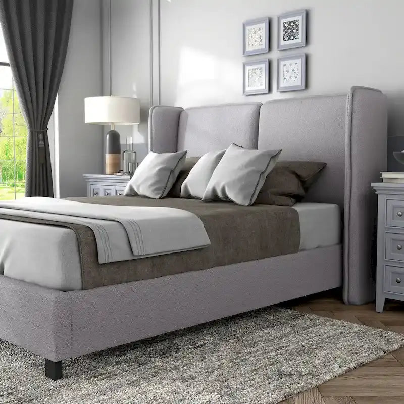 Modern Boucle Fabric Queen-size Platform Bed with Wingback Headboard
