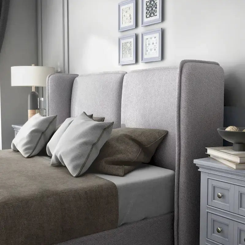 Modern Boucle Fabric Queen-size Platform Bed with Wingback Headboard