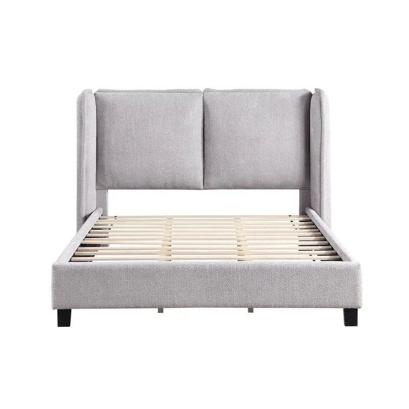 Modern Boucle Fabric Queen-size Platform Bed with Wingback Headboard