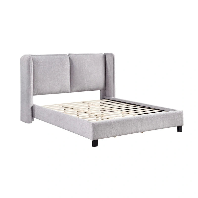 Modern Boucle Fabric Queen-size Platform Bed with Wingback Headboard