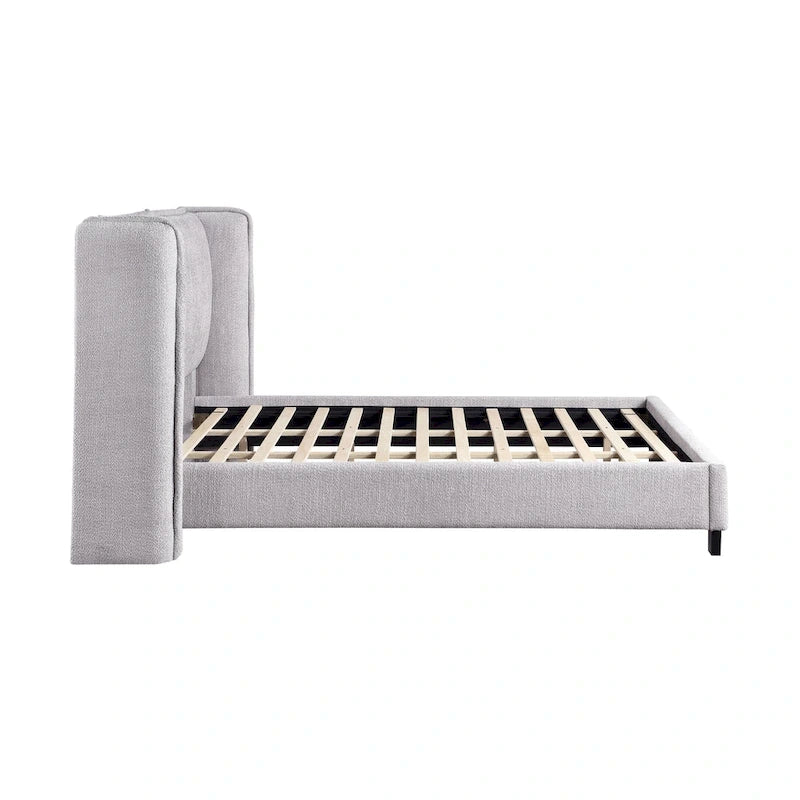 Modern Boucle Fabric Queen-size Platform Bed with Wingback Headboard