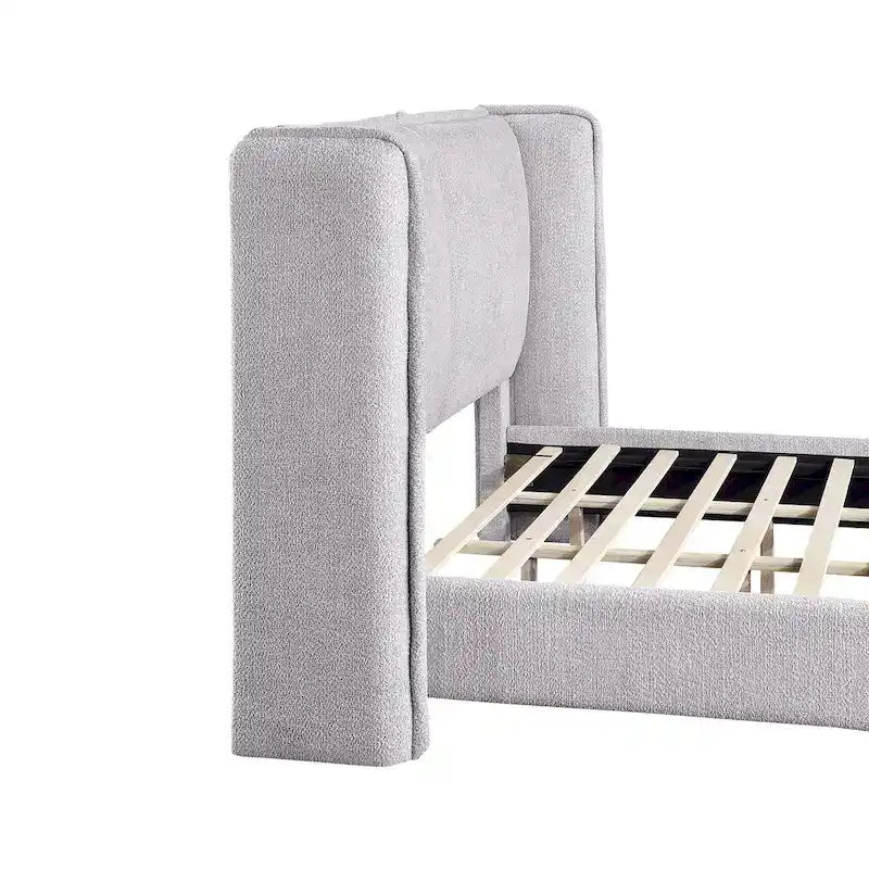 Modern Boucle Fabric Queen-size Platform Bed with Wingback Headboard