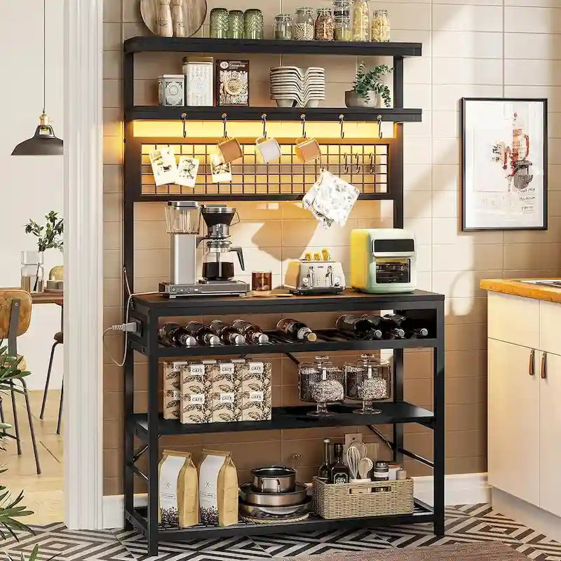 Bakers Rack with Power Outlet 6-Tier Coffee Bar Microwave Stand