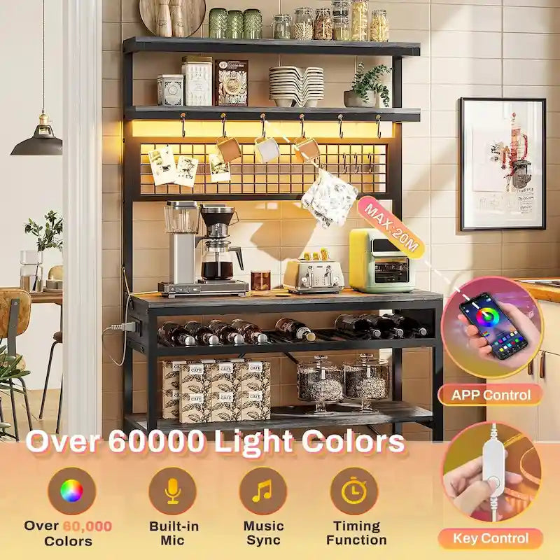 Bakers Rack with Power Outlet 6-Tier Coffee Bar Microwave Stand