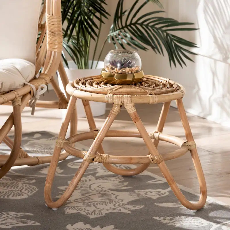Modern Bohemian Natural Brown Rattan End Table