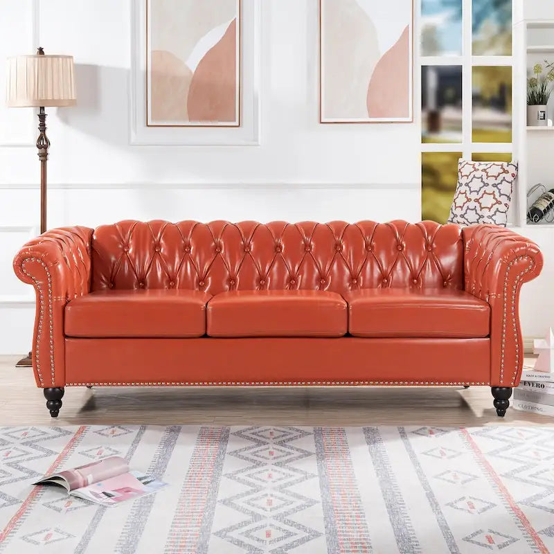 Classically Elegant 84.65 Three-Seater Rolled Arm Sofa in PU Leather - Sturdy Birch Legs, Soft Upholstery