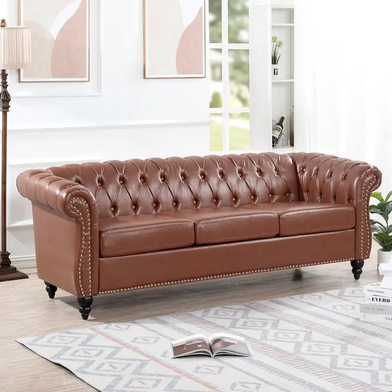 Classically Elegant 84.65 Three-Seater Rolled Arm Sofa in PU Leather - Sturdy Birch Legs, Soft Upholstery