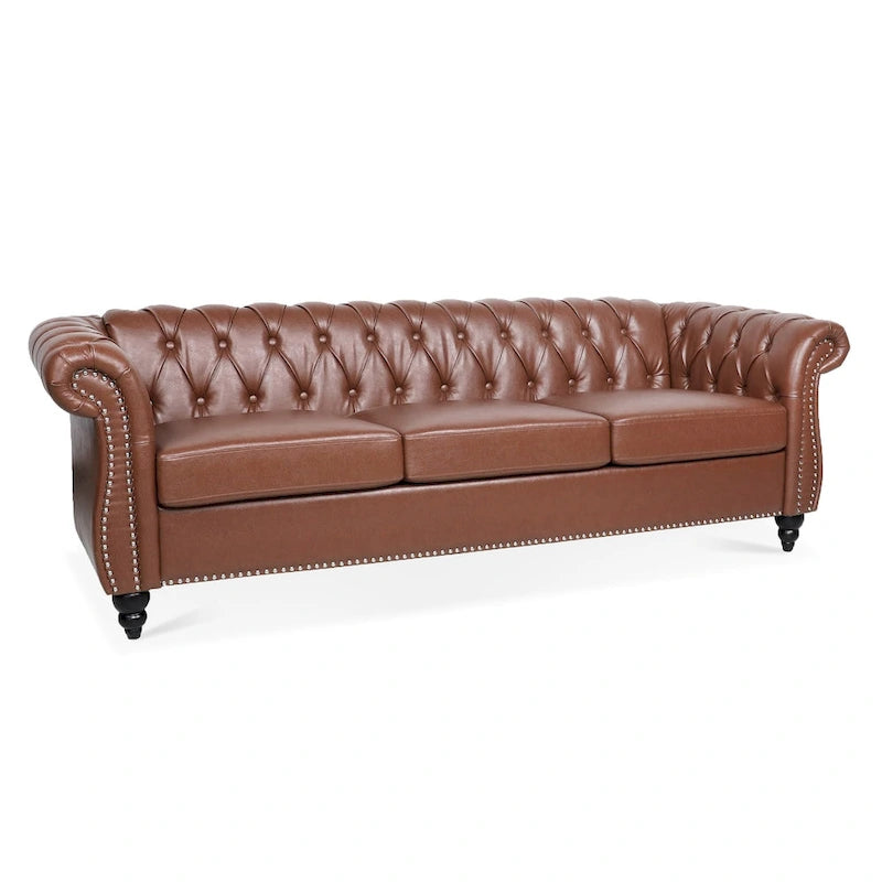 Classically Elegant 84.65 Three-Seater Rolled Arm Sofa in PU Leather - Sturdy Birch Legs, Soft Upholstery