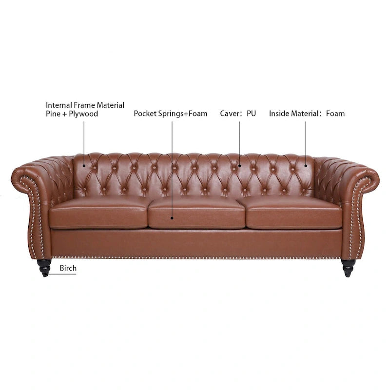 Classically Elegant 84.65 Three-Seater Rolled Arm Sofa in PU Leather - Sturdy Birch Legs, Soft Upholstery
