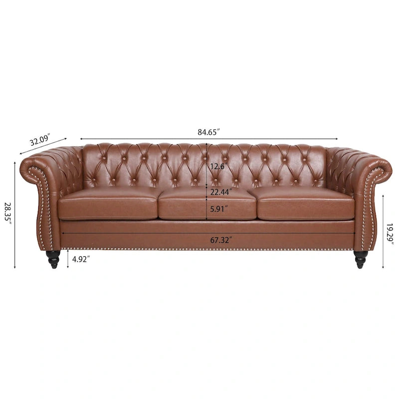 Classically Elegant 84.65 Three-Seater Rolled Arm Sofa in PU Leather - Sturdy Birch Legs, Soft Upholstery