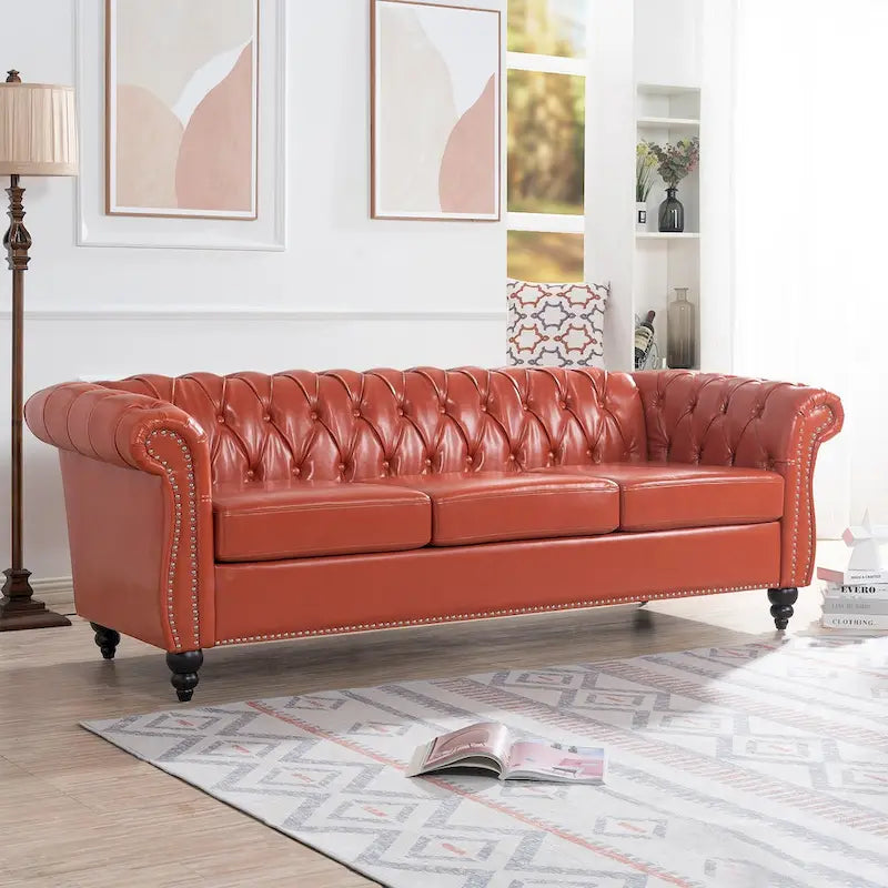 Classically Elegant 84.65 Three-Seater Rolled Arm Sofa in PU Leather - Sturdy Birch Legs, Soft Upholstery