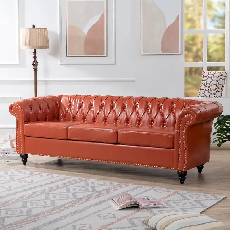 Classically Elegant 84.65 Three-Seater Rolled Arm Sofa in PU Leather - Sturdy Birch Legs, Soft Upholstery