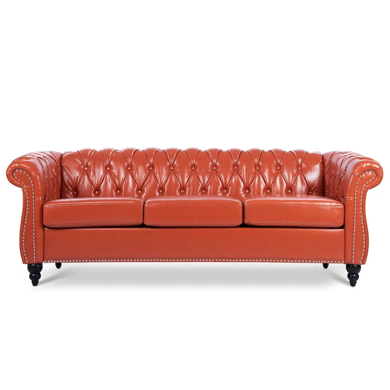 Classically Elegant 84.65 Three-Seater Rolled Arm Sofa in PU Leather - Sturdy Birch Legs, Soft Upholstery