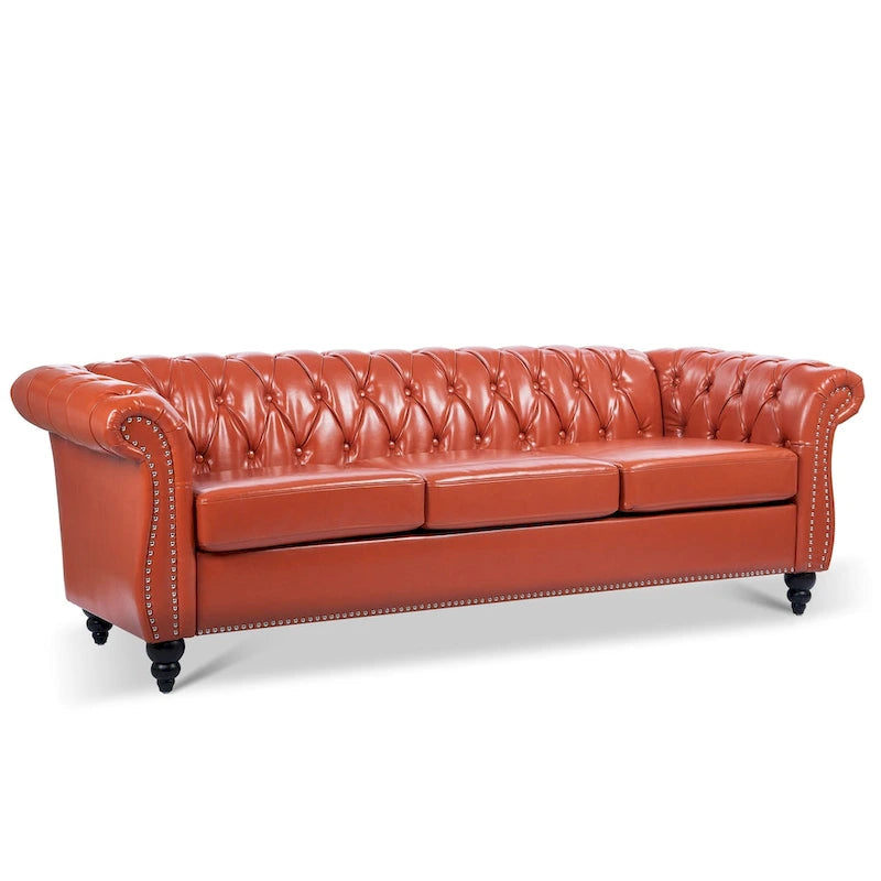Classically Elegant 84.65 Three-Seater Rolled Arm Sofa in PU Leather - Sturdy Birch Legs, Soft Upholstery