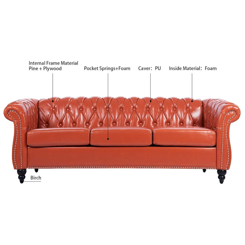Classically Elegant 84.65 Three-Seater Rolled Arm Sofa in PU Leather - Sturdy Birch Legs, Soft Upholstery
