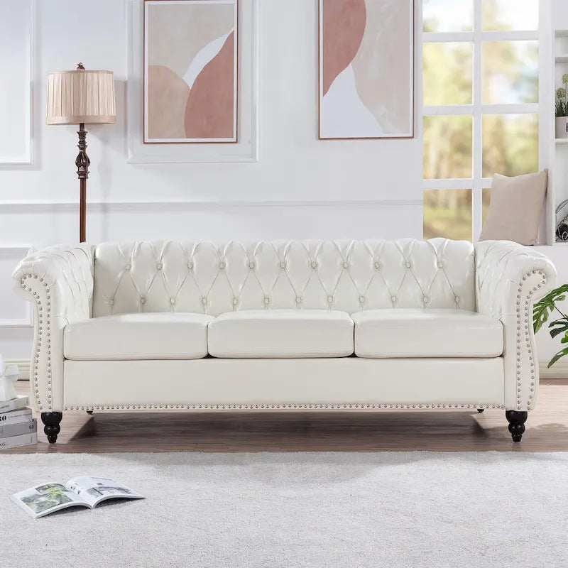 Classically Elegant 84.65 Three-Seater Rolled Arm Sofa in PU Leather - Sturdy Birch Legs, Soft Upholstery