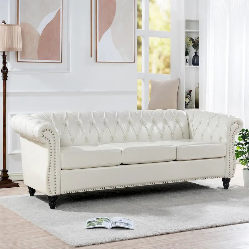 Classically Elegant 84.65 Three-Seater Rolled Arm Sofa in PU Leather - Sturdy Birch Legs, Soft Upholstery