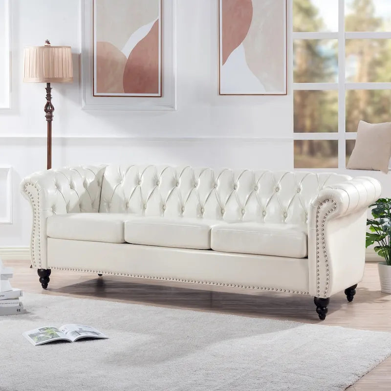 Classically Elegant 84.65 Three-Seater Rolled Arm Sofa in PU Leather - Sturdy Birch Legs, Soft Upholstery